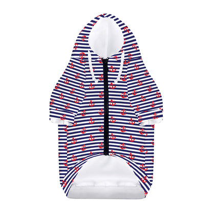 Blue Striped Nautical Anchor Print Dog Zip Up Hoodie