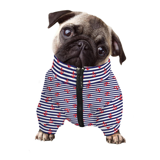 Blue Striped Nautical Anchor Print Dog Zip Up Jacket