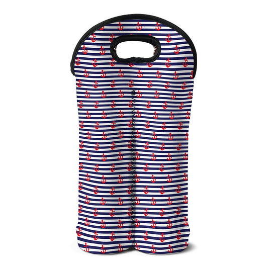 Blue Striped Nautical Anchor Print Double Neoprene Wine Tote