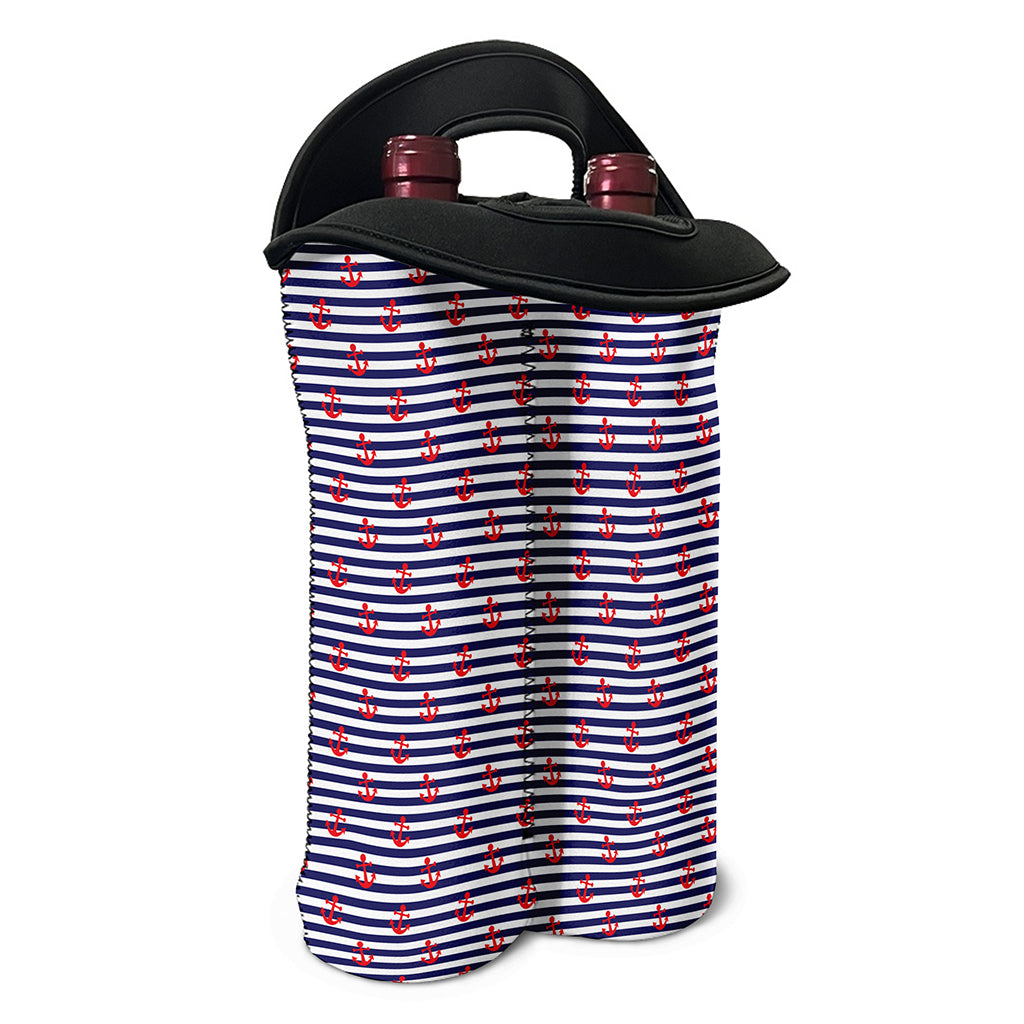 Blue Striped Nautical Anchor Print Double Neoprene Wine Tote