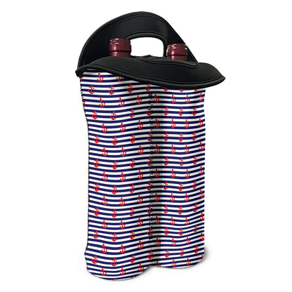Blue Striped Nautical Anchor Print Double Neoprene Wine Tote