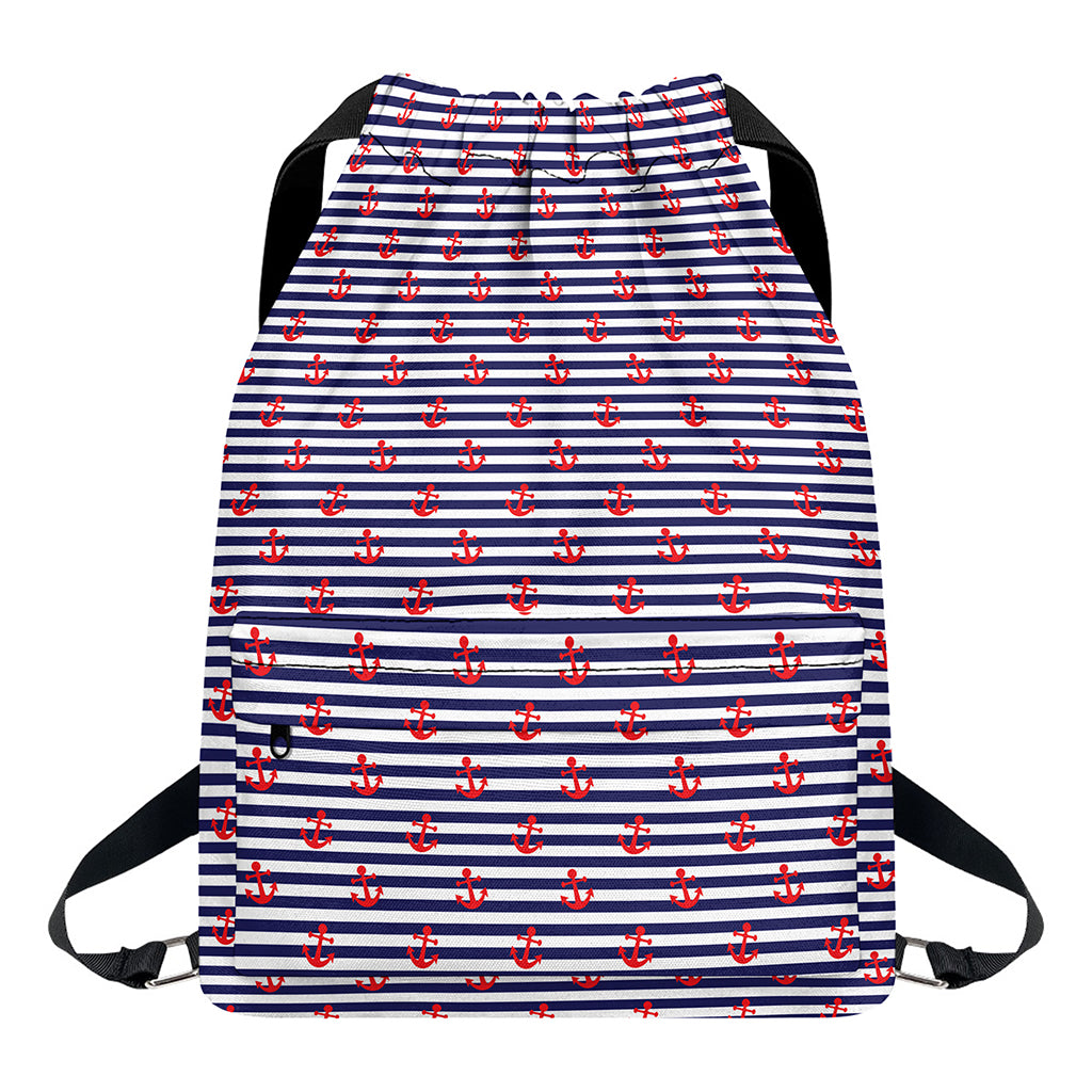 Blue Striped Nautical Anchor Print Drawstring Backpack