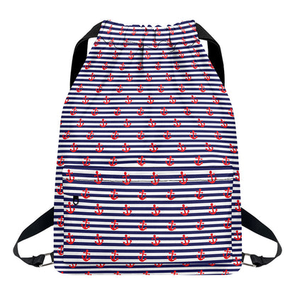 Blue Striped Nautical Anchor Print Drawstring Backpack