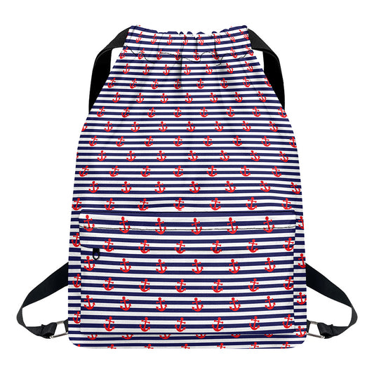 Blue Striped Nautical Anchor Print Drawstring Backpack