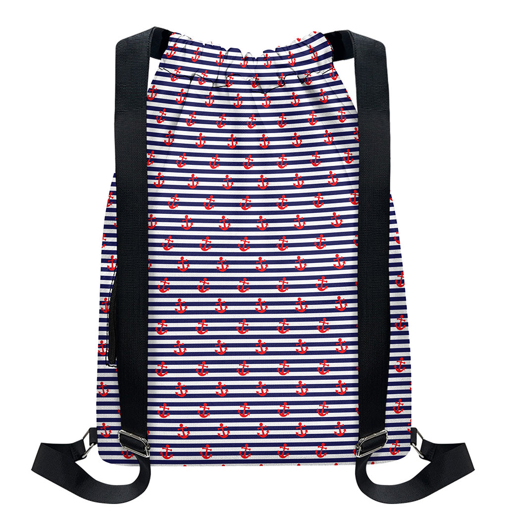 Blue Striped Nautical Anchor Print Drawstring Backpack