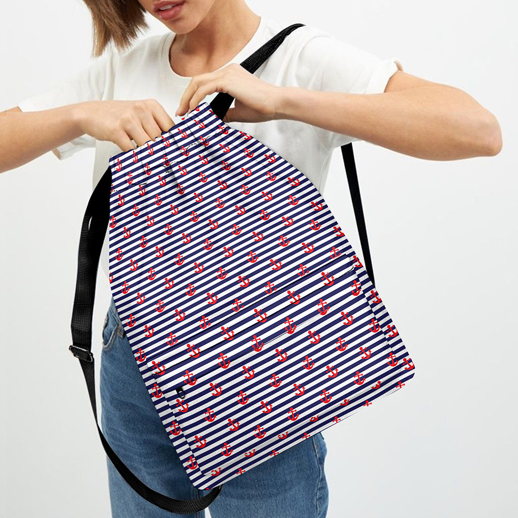 Blue Striped Nautical Anchor Print Drawstring Backpack