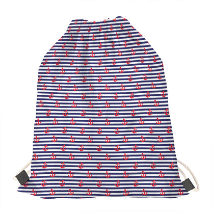 Blue Striped Nautical Anchor Print Drawstring Bag