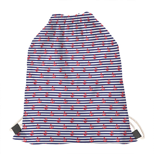 Blue Striped Nautical Anchor Print Drawstring Bag