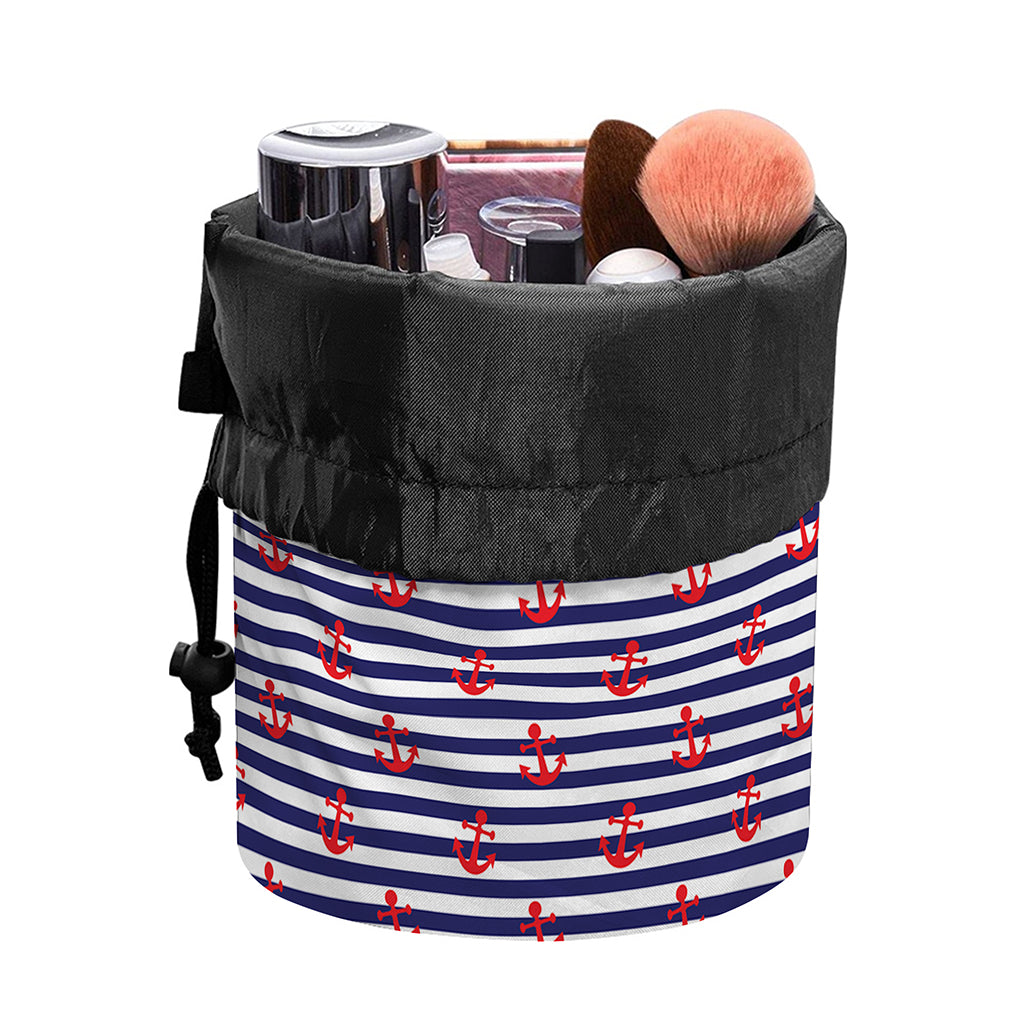 Blue Striped Nautical Anchor Print Drawstring Makeup Bag