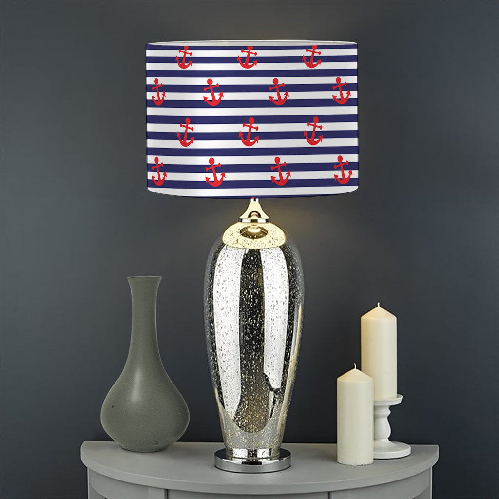 Blue Striped Nautical Anchor Print Drum Lamp Shade