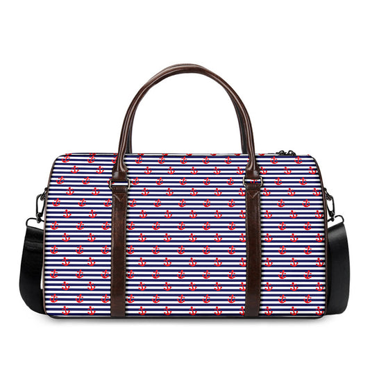 Blue Striped Nautical Anchor Print Duffle Bag