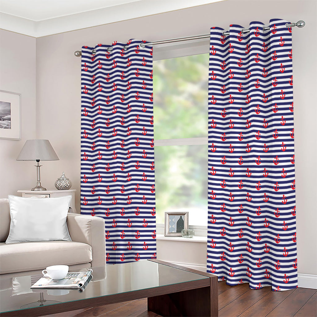 Blue Striped Nautical Anchor Print Extra Wide Grommet Curtains