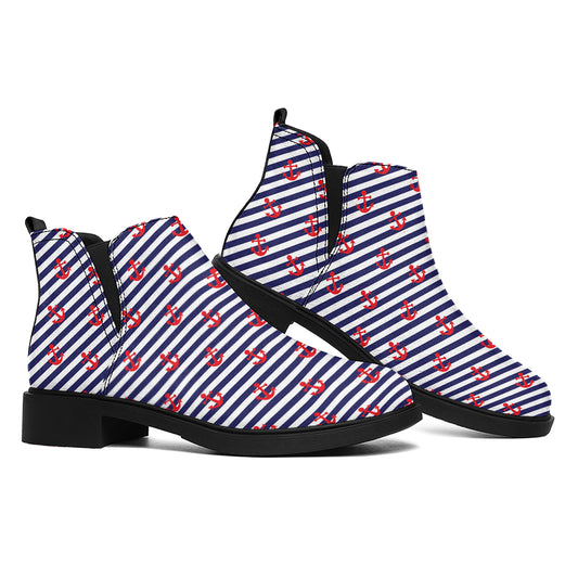 Blue Striped Nautical Anchor Print Flat Ankle Boots