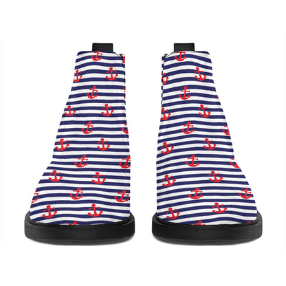 Blue Striped Nautical Anchor Print Flat Ankle Boots