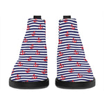 Blue Striped Nautical Anchor Print Flat Ankle Boots