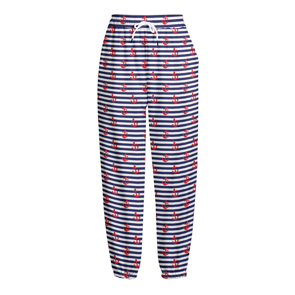 Blue Striped Nautical Anchor Print Fleece Lined Knit Pants