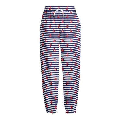 Blue Striped Nautical Anchor Print Fleece Lined Knit Pants