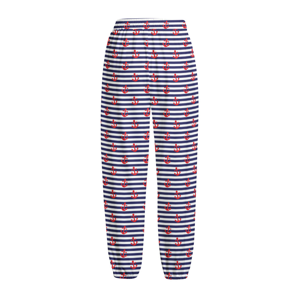 Blue Striped Nautical Anchor Print Fleece Lined Knit Pants