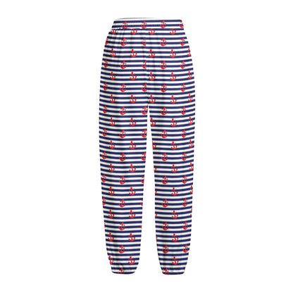 Blue Striped Nautical Anchor Print Fleece Lined Knit Pants