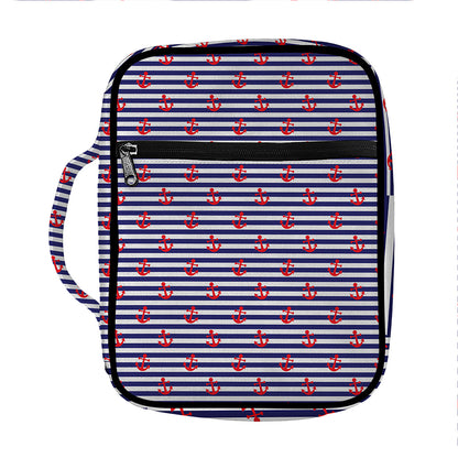 Blue Striped Nautical Anchor Print Front Pocket Bible Bag