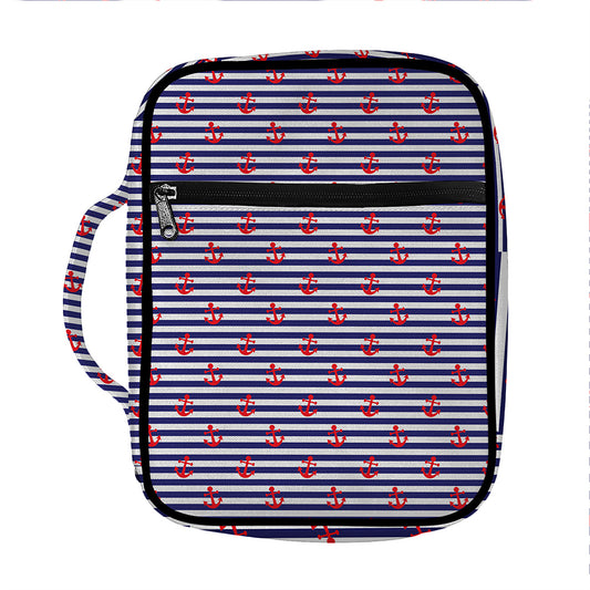 Blue Striped Nautical Anchor Print Front Pocket Bible Bag