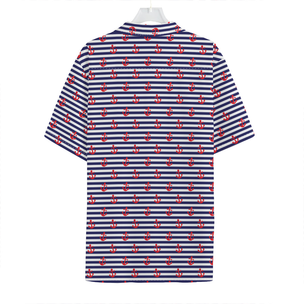 Blue Striped Nautical Anchor Print Hawaiian Shirt