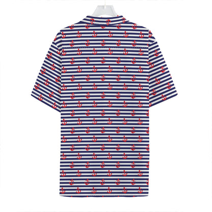 Blue Striped Nautical Anchor Print Hawaiian Shirt