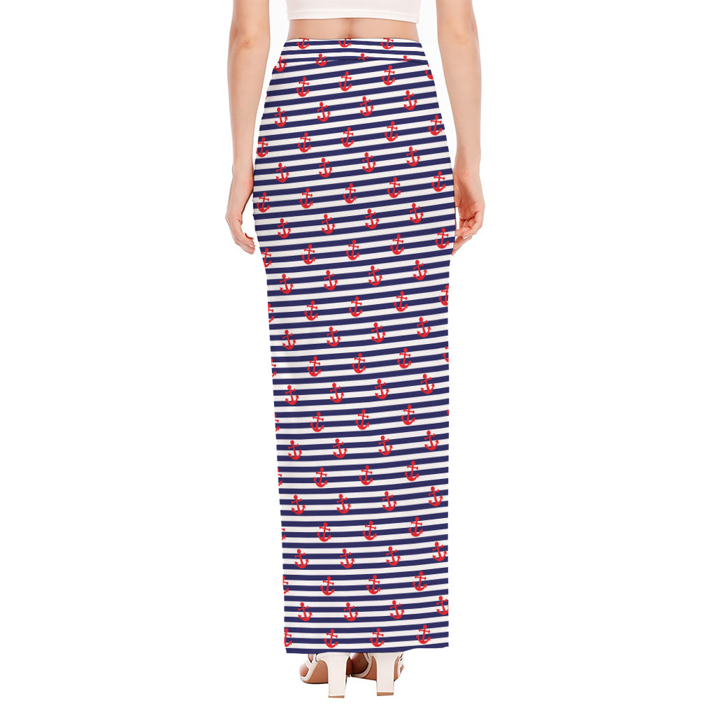 Blue Striped Nautical Anchor Print High Slit Maxi Skirt