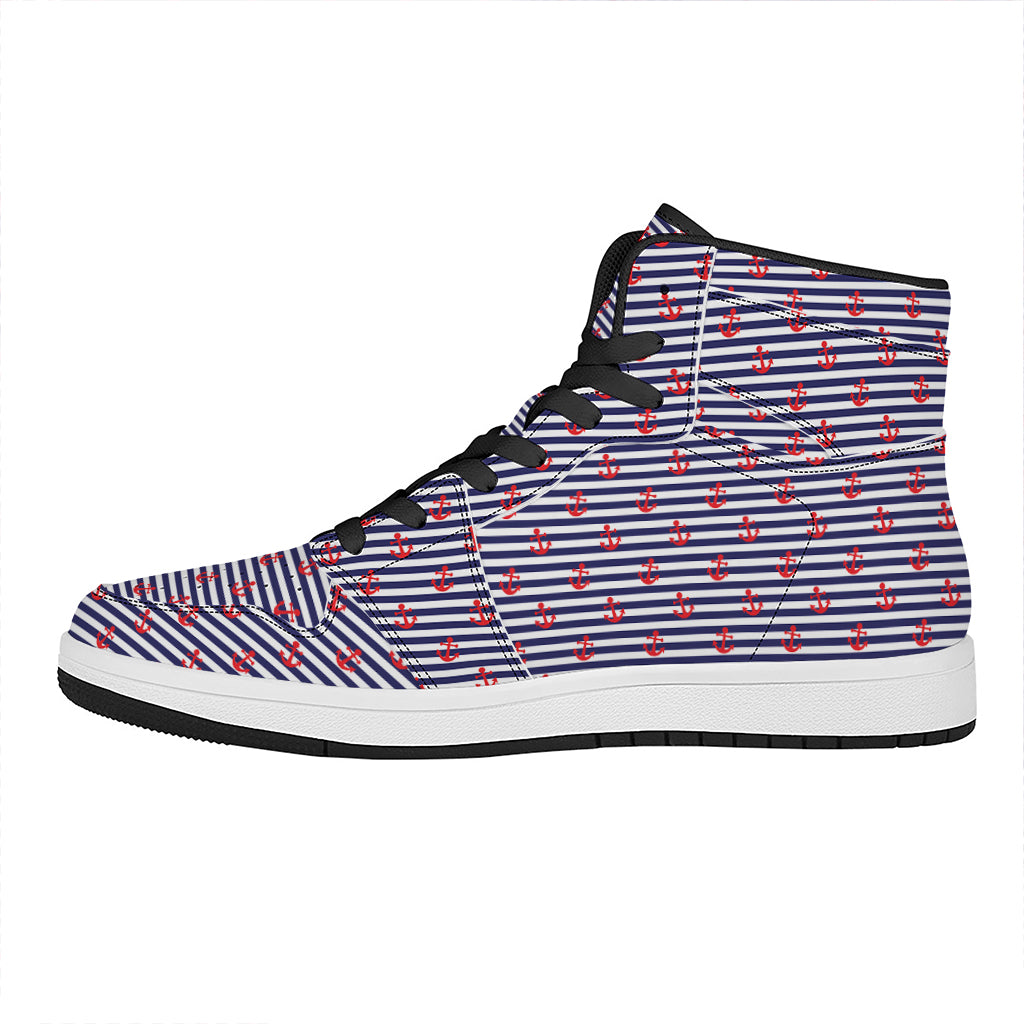 Blue Striped Nautical Anchor Print High Top Leather Sneakers