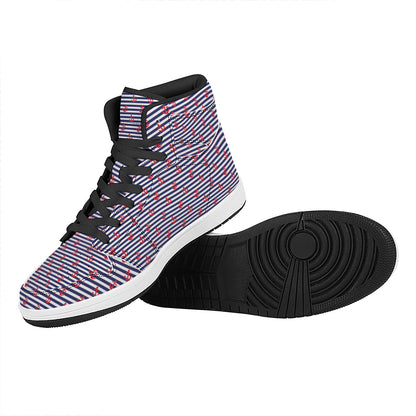 Blue Striped Nautical Anchor Print High Top Leather Sneakers