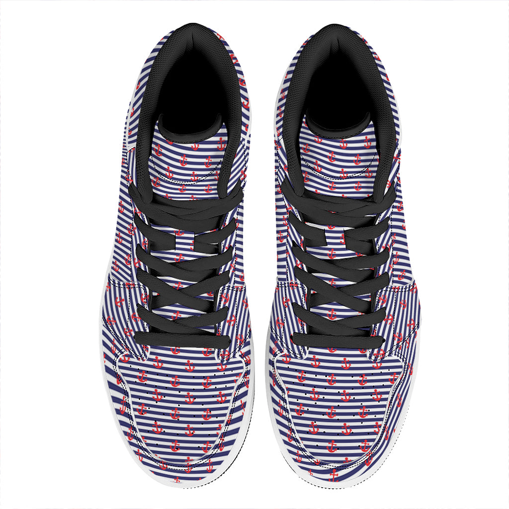 Blue Striped Nautical Anchor Print High Top Leather Sneakers