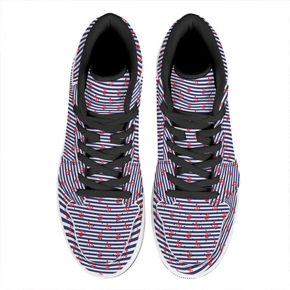 Blue Striped Nautical Anchor Print High Top Leather Sneakers