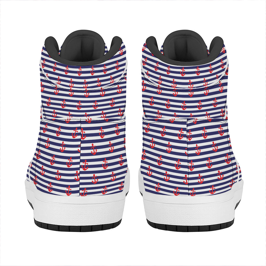 Blue Striped Nautical Anchor Print High Top Leather Sneakers