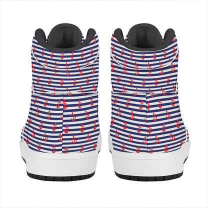Blue Striped Nautical Anchor Print High Top Leather Sneakers