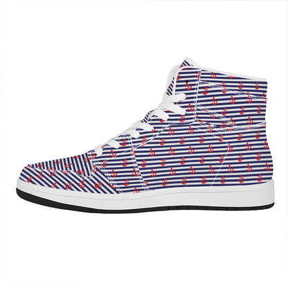 Blue Striped Nautical Anchor Print High Top Leather Sneakers