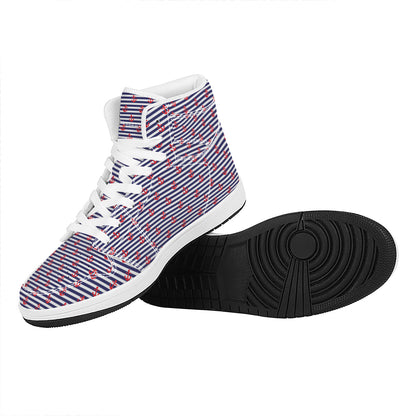 Blue Striped Nautical Anchor Print High Top Leather Sneakers