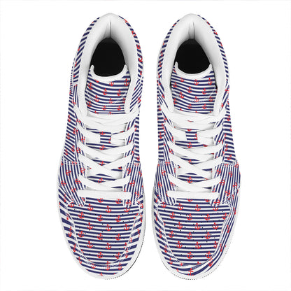 Blue Striped Nautical Anchor Print High Top Leather Sneakers
