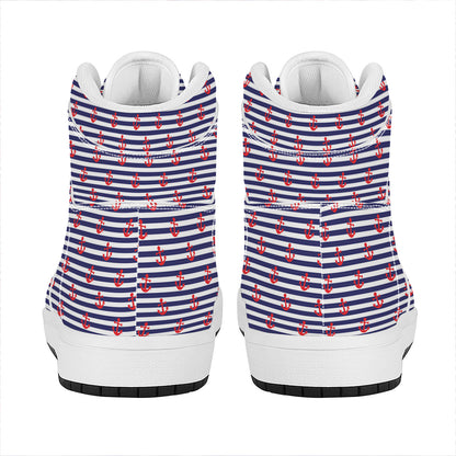 Blue Striped Nautical Anchor Print High Top Leather Sneakers