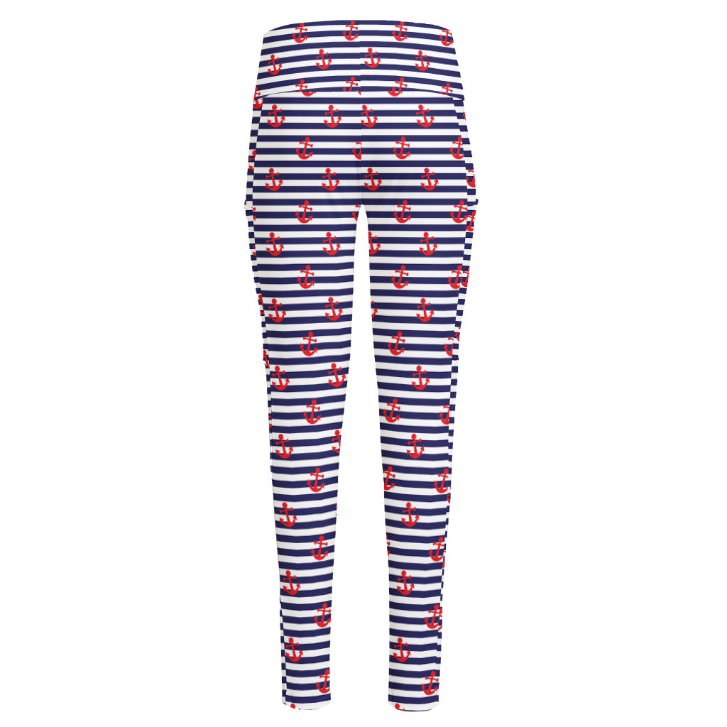 Blue Striped Nautical Anchor Print High-Waisted Pocket Leggings