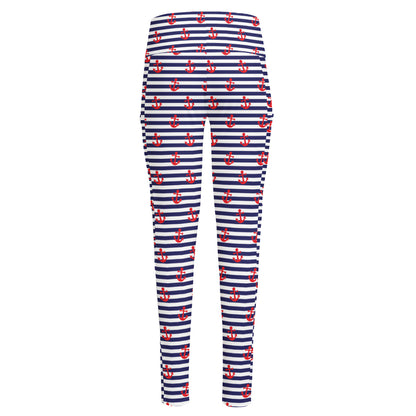 Blue Striped Nautical Anchor Print High-Waisted Pocket Leggings