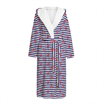 Blue Striped Nautical Anchor Print Hooded Bathrobe