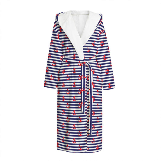 Blue Striped Nautical Anchor Print Hooded Bathrobe