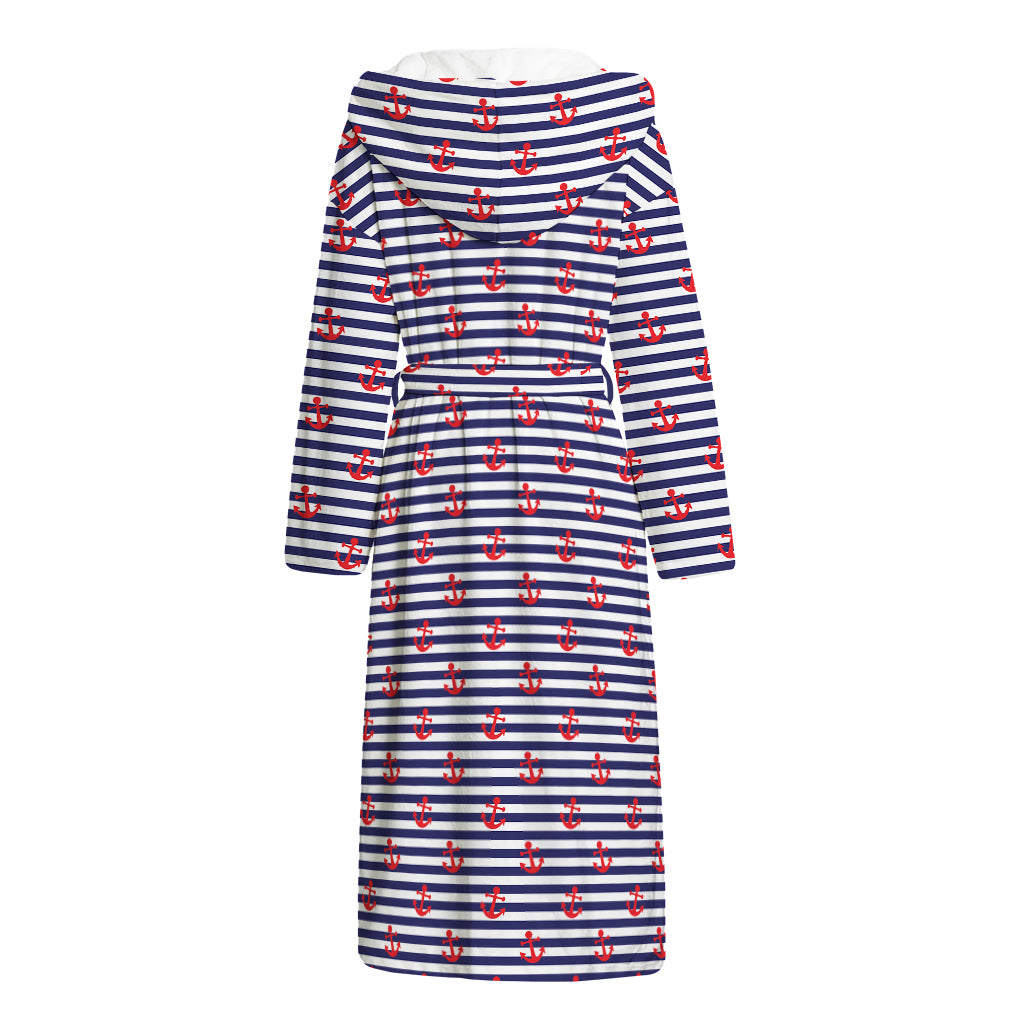 Blue Striped Nautical Anchor Print Hooded Bathrobe