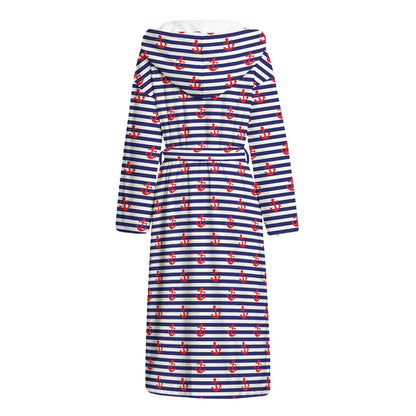 Blue Striped Nautical Anchor Print Hooded Bathrobe