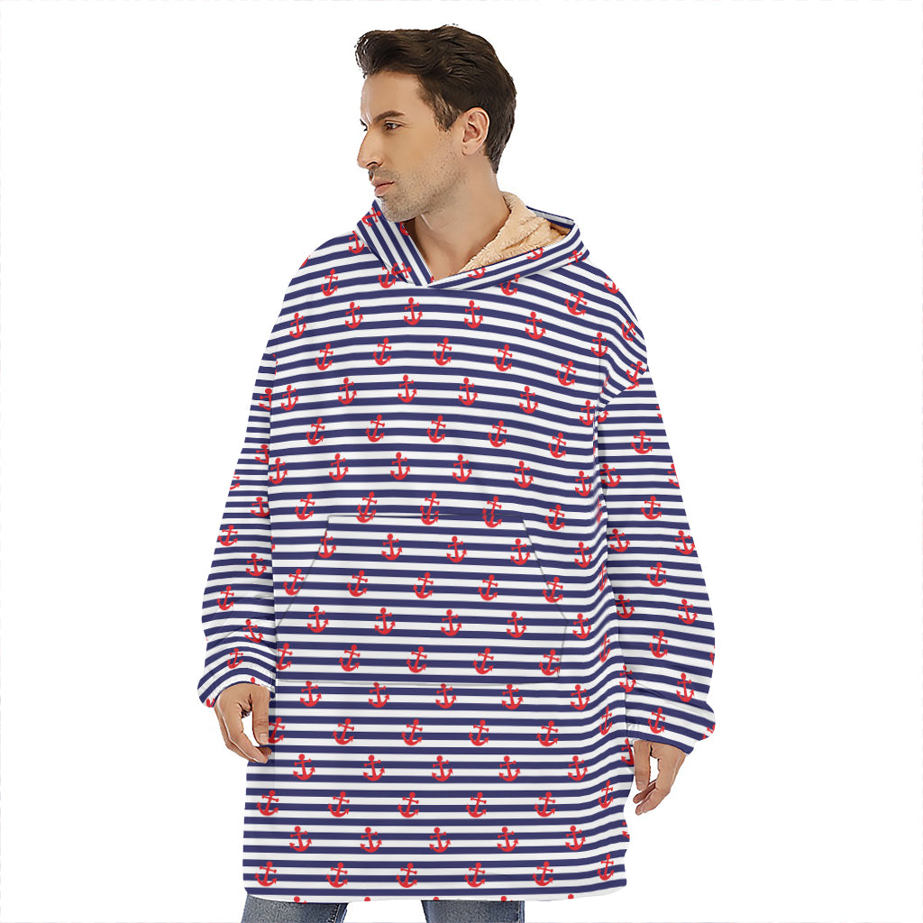 Blue Striped Nautical Anchor Print Hoodie Blanket