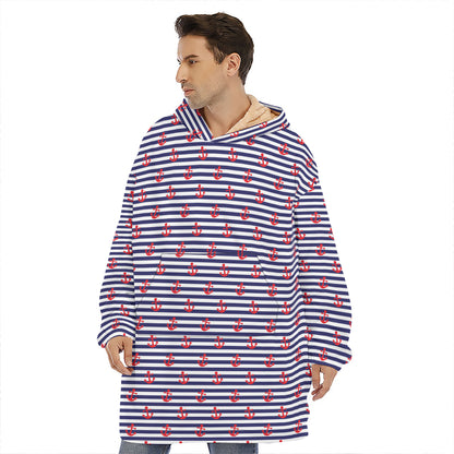 Blue Striped Nautical Anchor Print Hoodie Blanket