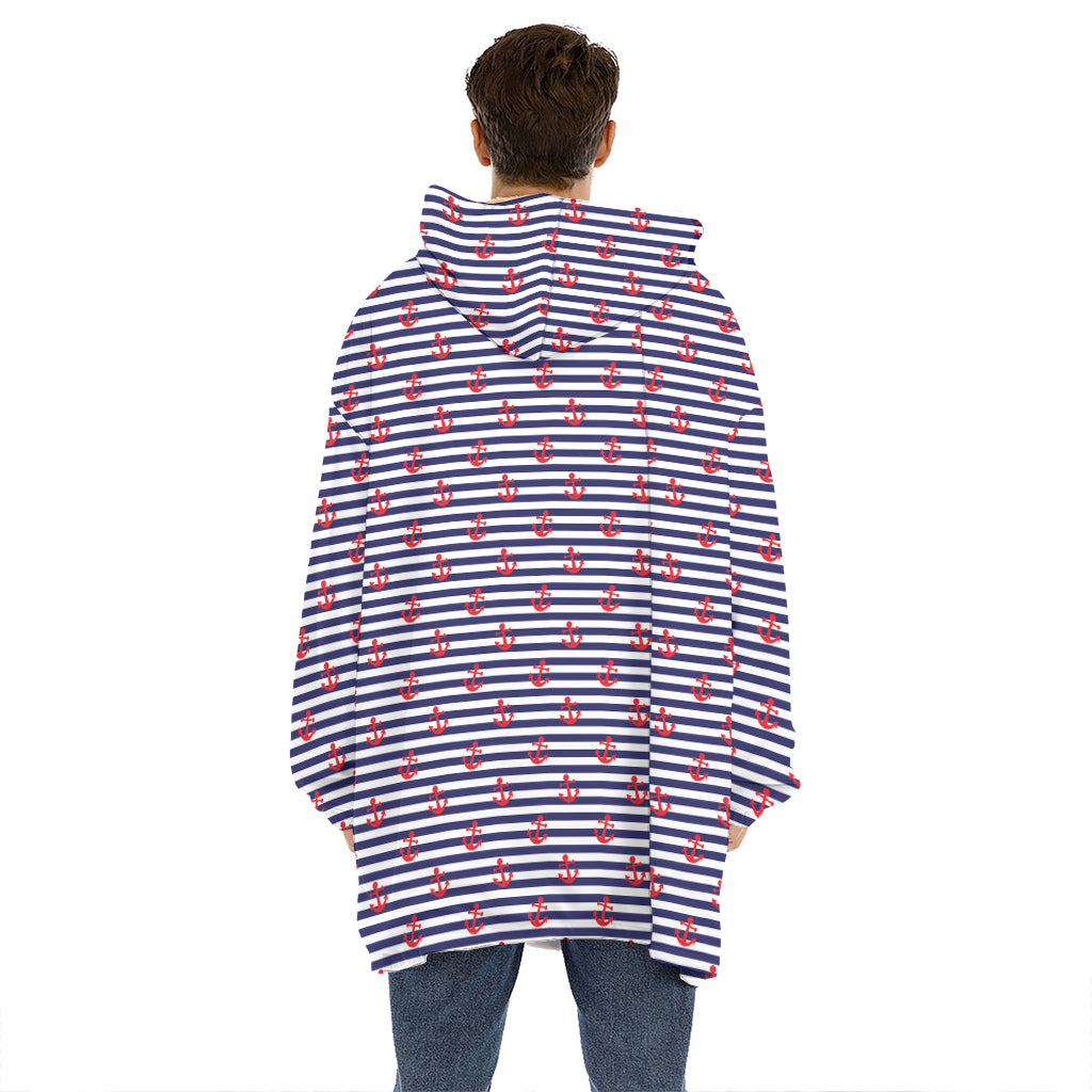Blue Striped Nautical Anchor Print Hoodie Blanket