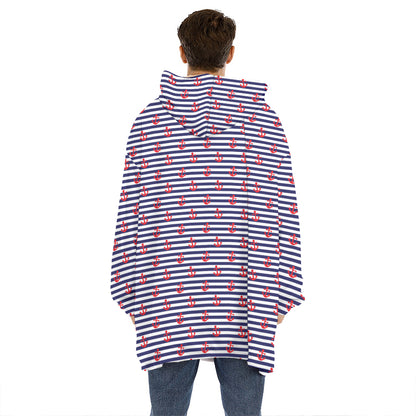 Blue Striped Nautical Anchor Print Hoodie Blanket