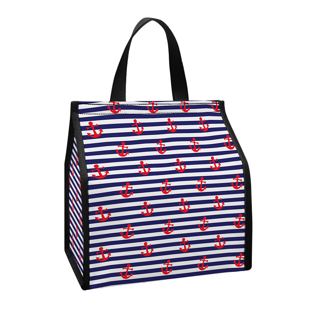 Blue Striped Nautical Anchor Print Insulated Lunch Tote