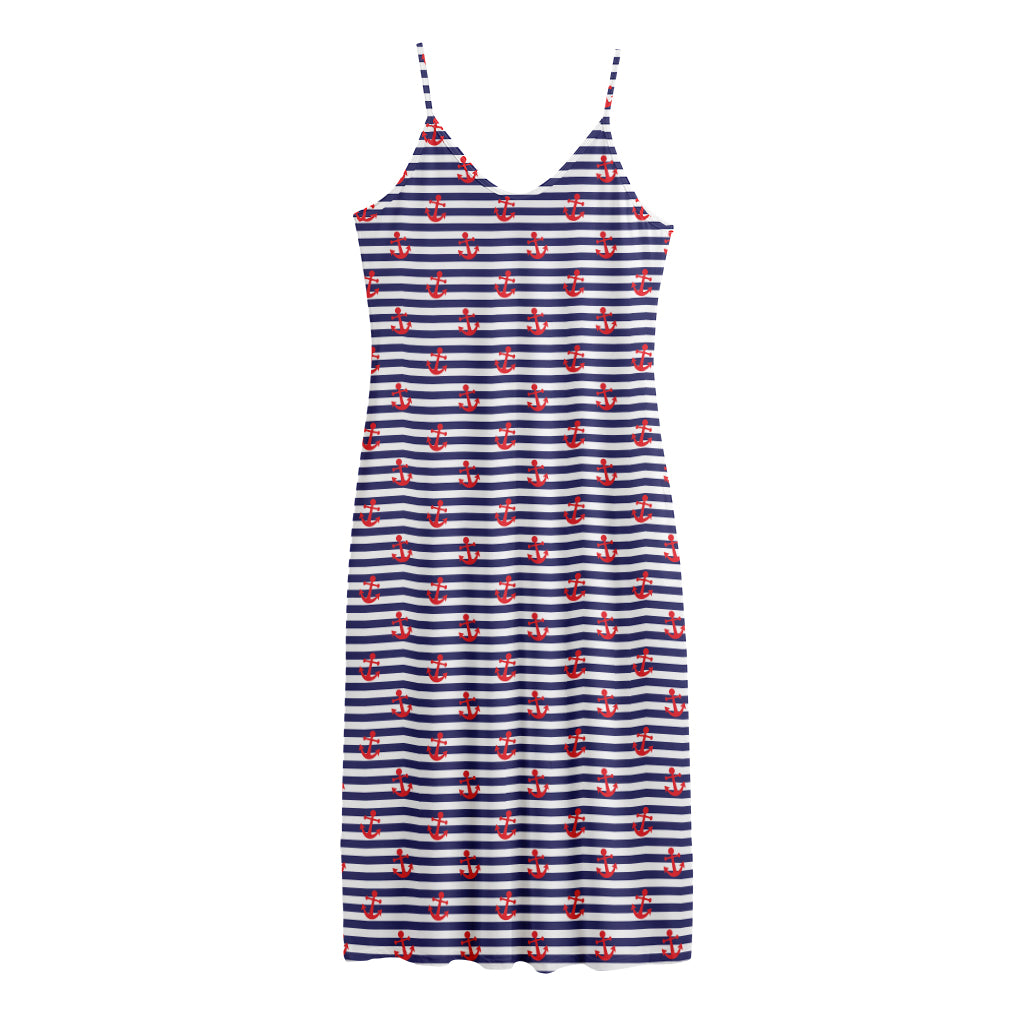 Blue Striped Nautical Anchor Print Jersey Midi Cami Dress